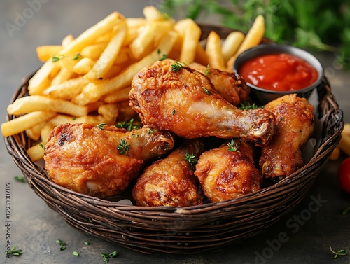 Fried Chicken French Fries and Sauce in a Basket