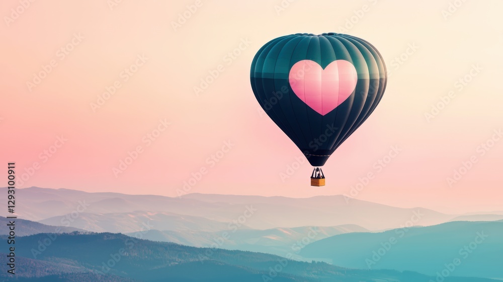 Fototapeta premium A hot air balloon floats in the sky with a pink heart on it.
