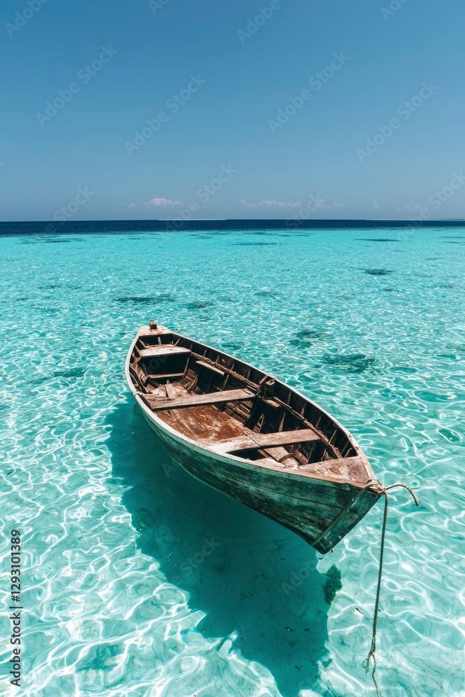 Wooden Boat Anchored in Shallow, Tropical Turquoise Waters Wooden Boat Anchored in Shallow, Tropical Turquoise Waters