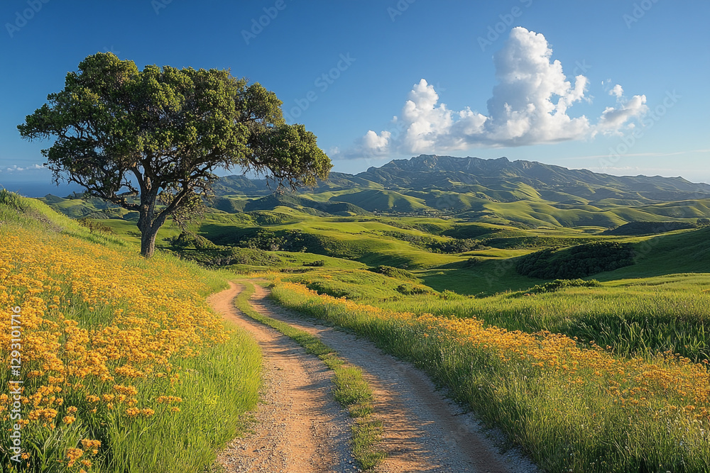Naklejka premium Sun-Kissed Meadow Trail, A Verdant Landscape of Rolling Hills