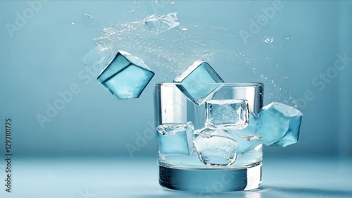 Cold blue water splashes with fresh ice cubes in glass, creating refreshing and cool atmosphere.