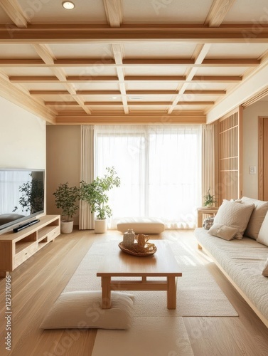 Japanese style living room with wooden ceiling and wooden furnishings photo