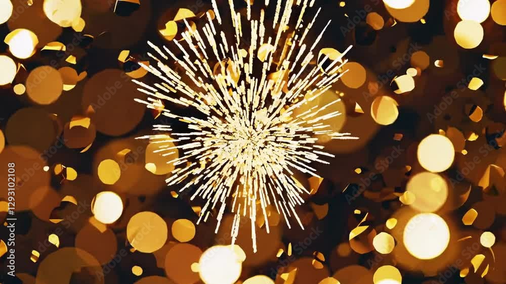 Golden Burst: A stunning display of gold fireworks erupts against a blurred backdrop of shimmering bokeh, creating a captivating visual spectacle.