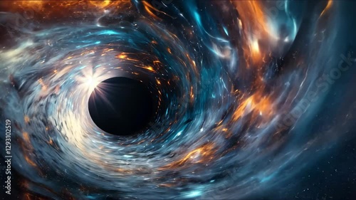 Mesmerizing black hole in cosmic vortex, swirling colors and stars, showcasing beauty of universe and space.