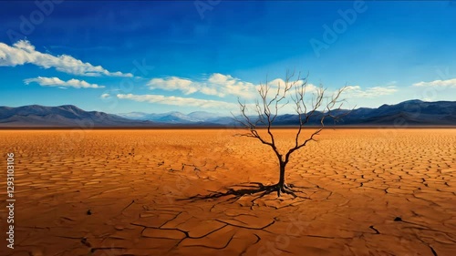 Barren landscape with solitary tree in dry, cracked earth under blue sky, showcasing natures resilience in desert.