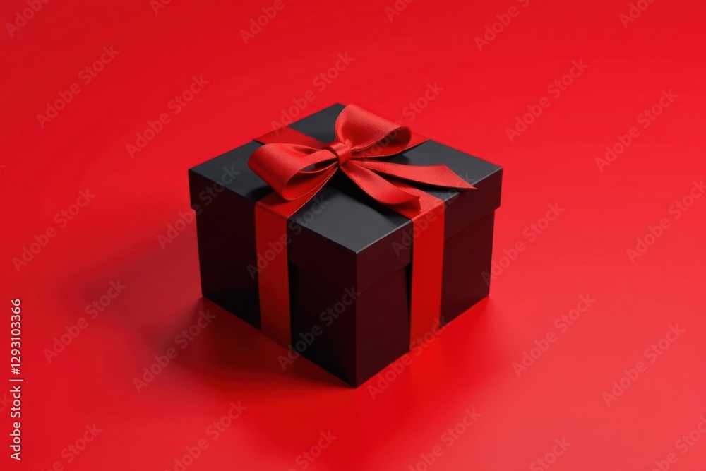 Obraz premium A luxuriously wrapped, dark-colored gift box with a vibrant red ribbon and bow sits elegantly on a rich red background.