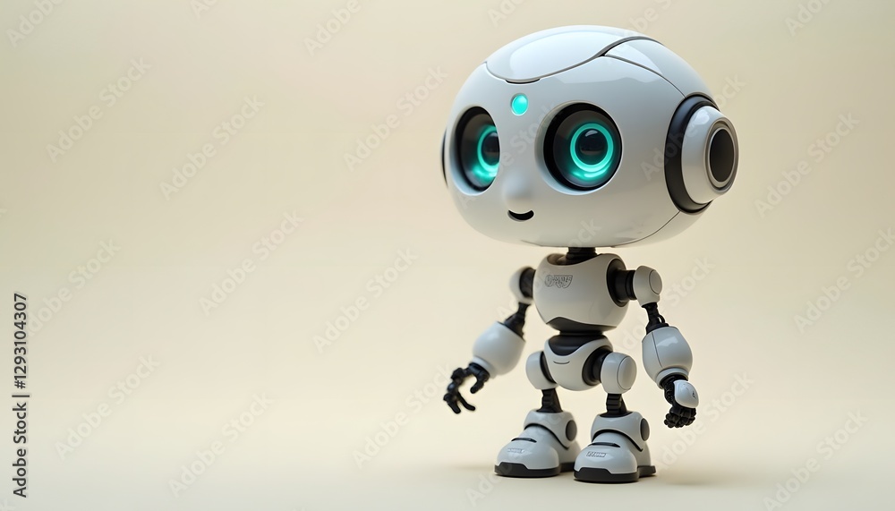 Cute Artificial Intelligence Robot Character with Glowing Eyes on Plain Background Cute Artificial Intelligence Robot Character with Glowing Eyes on Plain Background