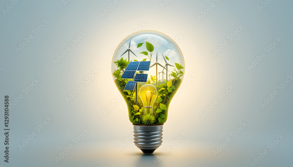 A glowing light bulb with nature, solar panels, and wind turbines inside, representing clean and renewable energy on a white background. A glowing light bulb with nature, solar panels, and wind turbines inside, representing clean and renewable energy on a white background.