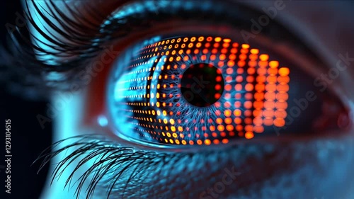 Close Up of Vibrant Eye with Digital Technology Patterns Showcasing Intricate Colors and Innovative Designs