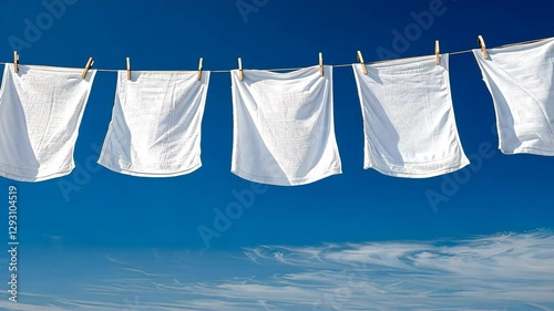 Fresh white towels and sheets hanging on clothesline against clear blue sky for outdoor laundry bliss