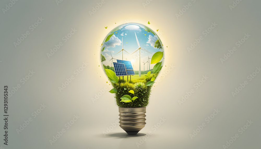 A glowing light bulb with nature, solar panels, and wind turbines inside, representing clean and renewable energy on a white background. A glowing light bulb with nature, solar panels, and wind turbines inside, representing clean and renewable energy on a white background.