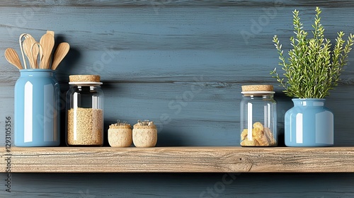 Stylish kitchen shelf with blue jars, wooden utensils, and decorative greenery.