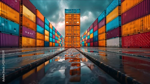Colorful shipping containers in port reflect on wet ground, showcasing vibrant industrial storage for freight transport.