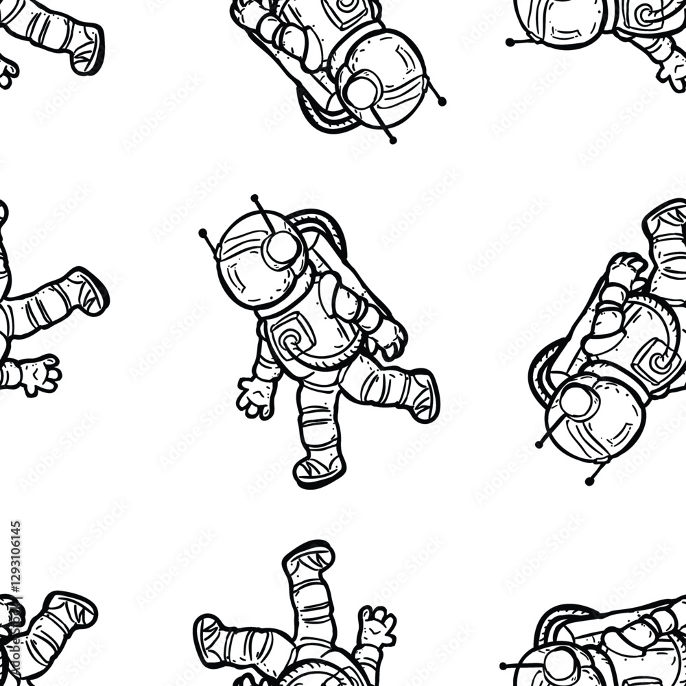 Fototapeta premium Astronauts monochrome seamless pattern. Black and white doodle art. Space adventures and travel in universe. Fabric wrapping vector print design