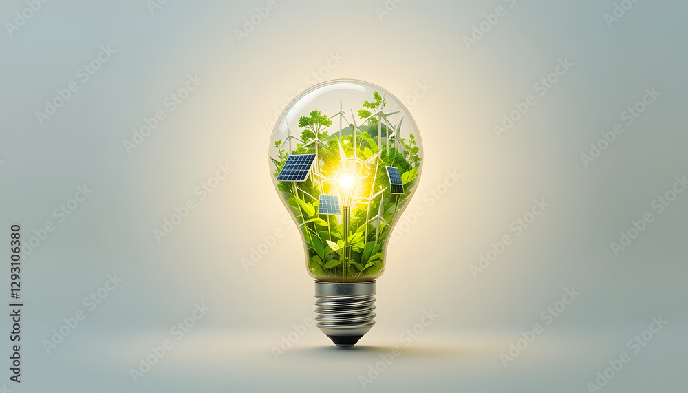 A glowing light bulb with nature, solar panels, and wind turbines inside, representing clean and renewable energy on a white background. A glowing light bulb with nature, solar panels, and wind turbines inside, representing clean and renewable energy on a white background.