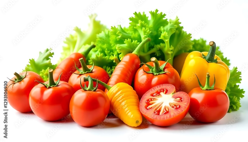 Fresh Vegetables and Salad Ingredients displayed on a white background, ready to eat Fresh Vegetables and Salad Ingredients displayed on a white background, ready to eat