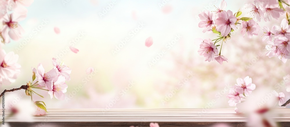 Fototapeta premium Beautiful Blooming Cherry Blossoms Background Over Wooden Tabletop