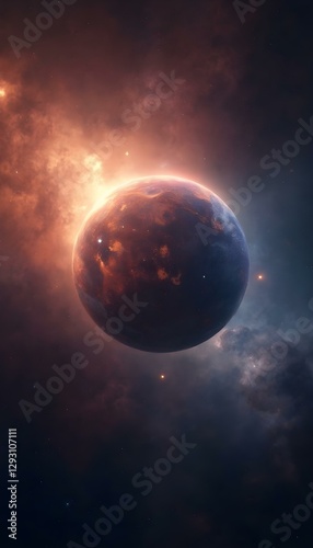 fantasy planet in space with stars, full moon in the night, nebula galaxy