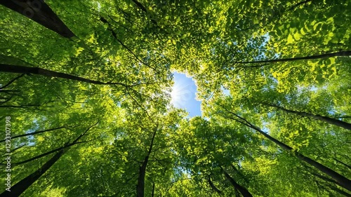 Exploring Vibrant Green Forest Canopy Sunlight Filtering Through Leaves and Trees in Natures Serene Atmosphere