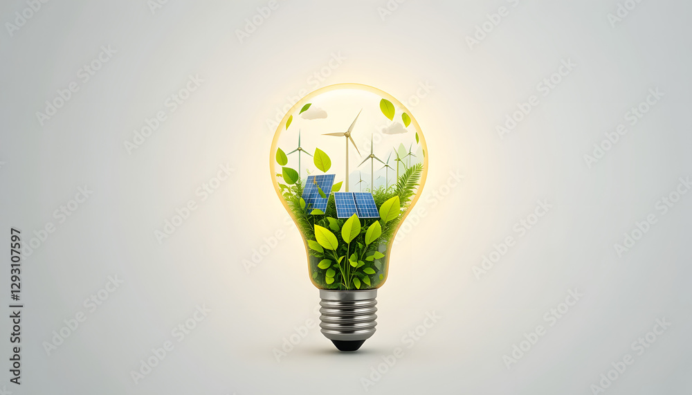 A glowing light bulb with nature, solar panels, and wind turbines inside, representing clean and renewable energy on a white background. A glowing light bulb with nature, solar panels, and wind turbines inside, representing clean and renewable energy on a white background.
