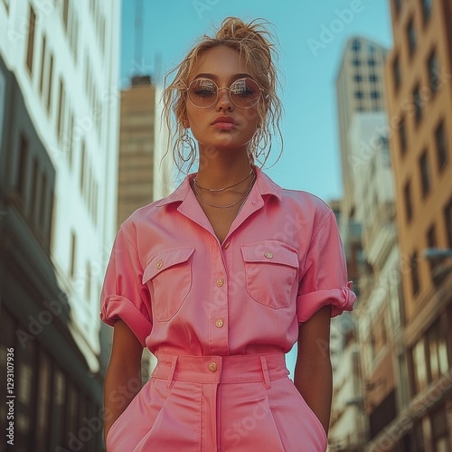 Stylish woman in a pink outfit posing confidently on a city street