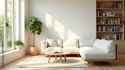 Sunlight streams into a minimalist living room featuring a light-colored sectional sofa, a low wooden coffee table, and a wooden bookcase filled with books.