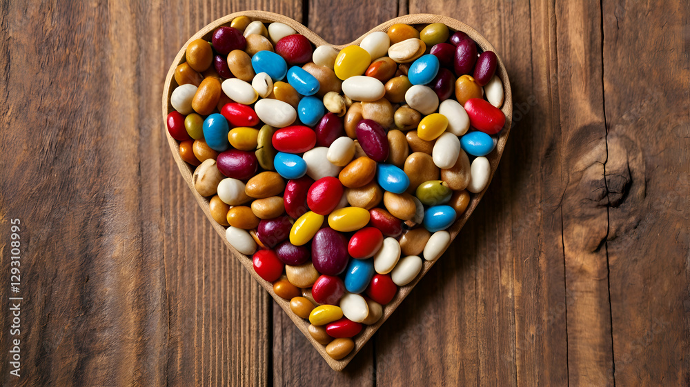 heart shaped candy, Heart Shaped Composition of Colorful Beans and Grains on Wooden Surface heart shaped candy, Heart Shaped Composition of Colorful Beans and Grains on Wooden Surface