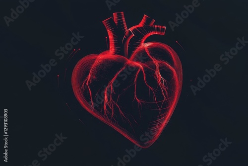 A red heart-shaped vector graphic on a black background, with glowing light effects,