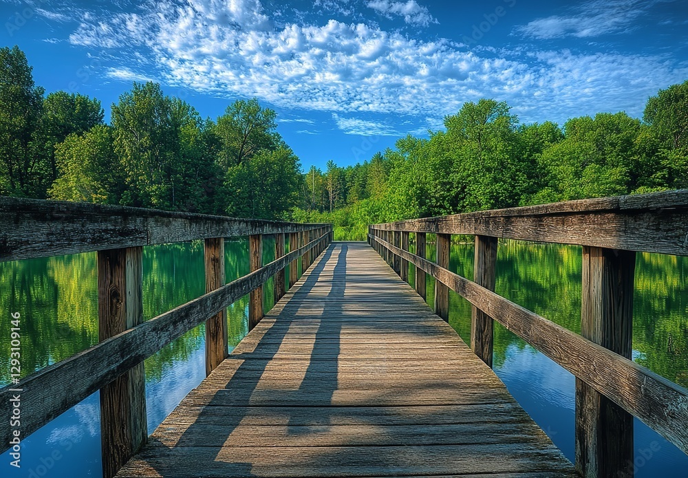 A Wooden Bridge with Arched Railings Spanning a Small Body of Water in a Lush Green Forest, Featuring Sunlight Filtering Through the Trees, Creating a Peaceful and Natural Scene.


