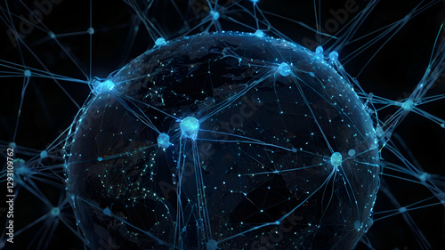 abstract blue background, Glowing Network Connections Around a Digital Earth on Dark Background photo