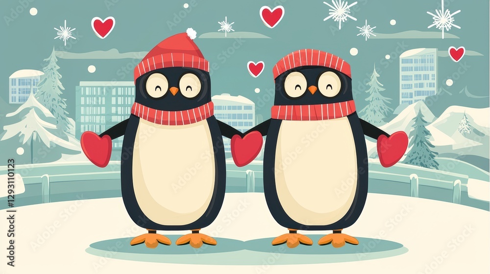 Fototapeta premium A couple of penguins holding hands in a winter wonderland.