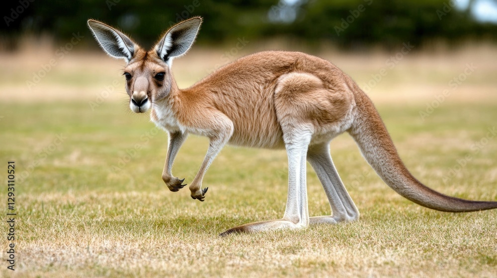 Lone Kangaroo Hopping Across Grassy Plain in Warm Afternoon Sunlight A Majestic Marsupial Captured in Motion Across an Expansive Outdoor Landscape Lone Kangaroo Hopping Across Grassy Plain in Warm Afternoon Sunlight A Majestic Marsupial Captured in Motion Across an Expansive Outdoor Landscape