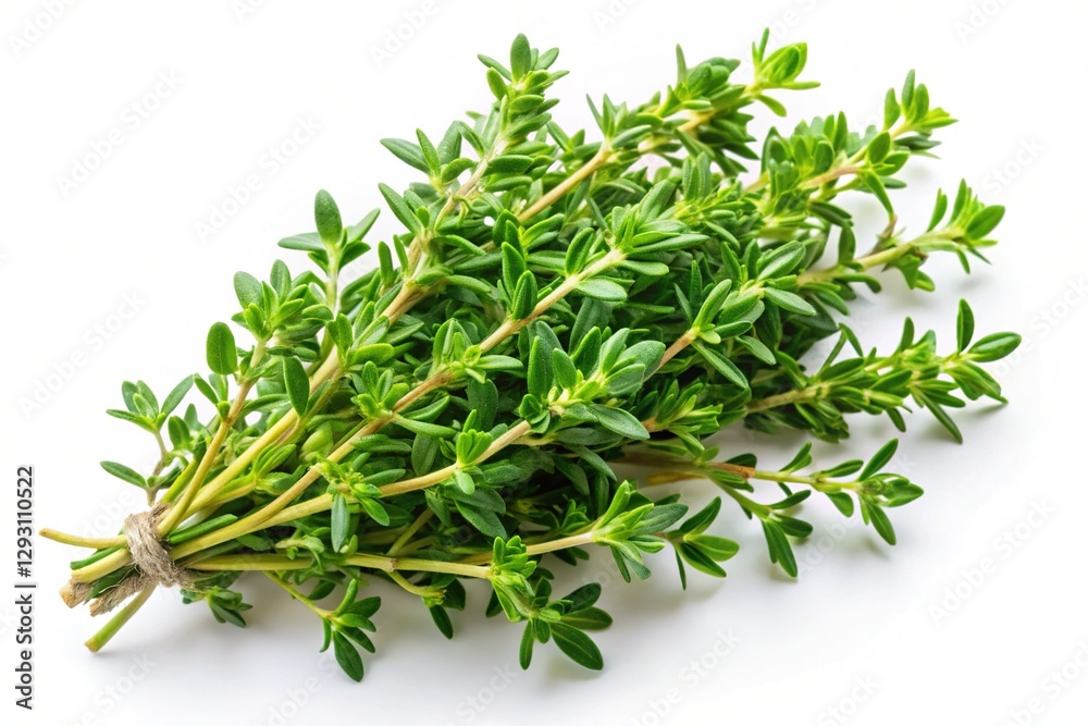 Fresh Thyme Sprig Isolated on White Background - Top View Herb Stock Photo Fresh Thyme Sprig Isolated on White Background - Top View Herb Stock Photo