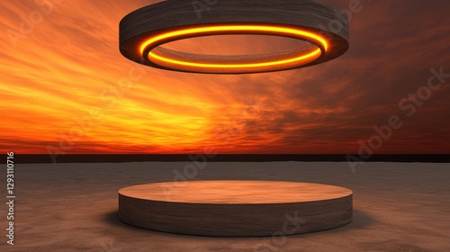 A glowing circular platform hovers above a smooth surface, set against a vibrant sunset sky, creating a futuristic and surreal atmosphere.