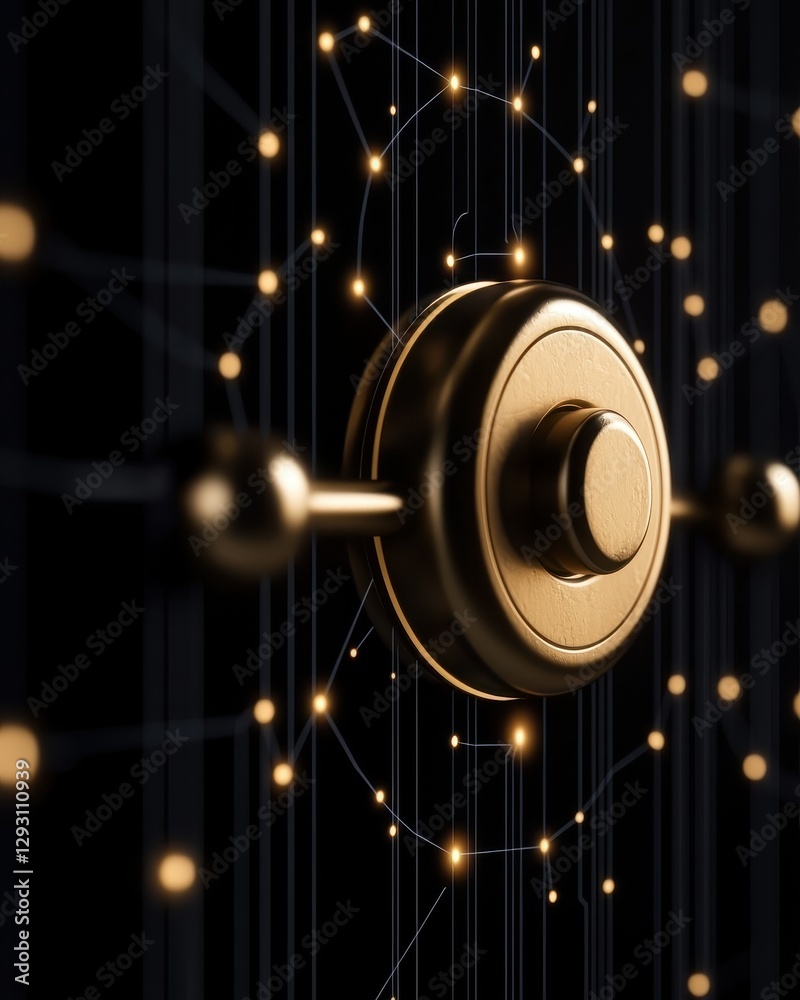 A detailed view of a golden knob integrated with connecting lines and glowing lights. A detailed view of a golden knob integrated with connecting lines and glowing lights.