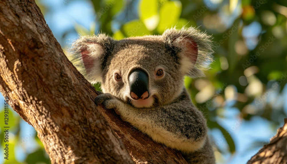 Naklejka premium Koala clinging to tree branch in sunny forest