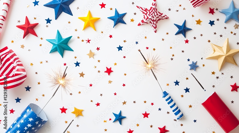 A vibrant Fourth of July setup with small flags, sparklers, and star-shaped decorations on white. picture A vibrant Fourth of July setup with small flags, sparklers, and star-shaped decorations on white. picture