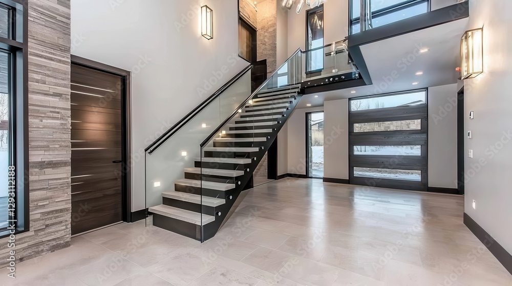 Modern interior with elegant staircase and stylish lighting fixtures. Modern interior with elegant staircase and stylish lighting fixtures.