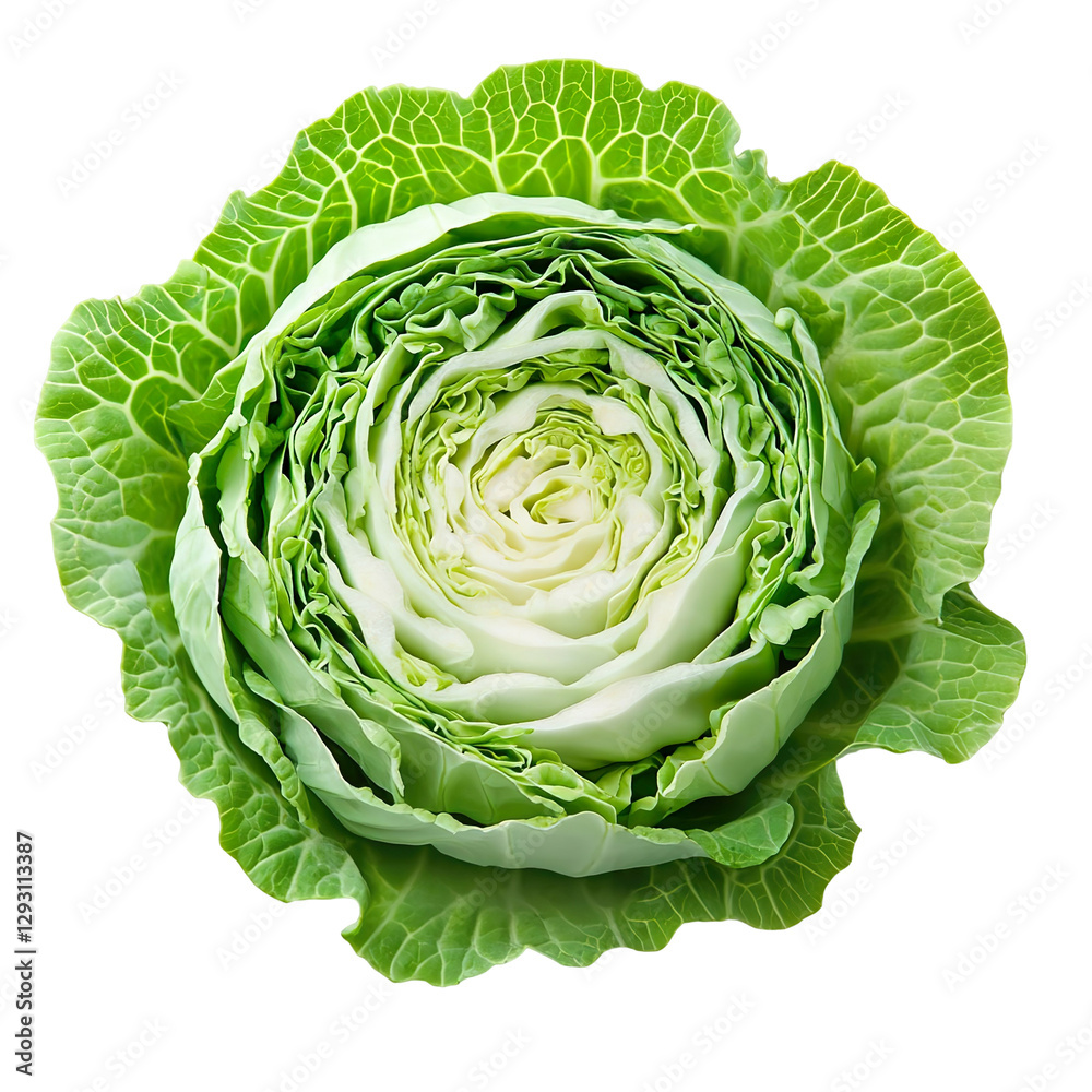 Obraz premium Extreme front view of a perfectly beautiful hyperrealistic single raw raw cabbage vegetable slice isolated on a white transparent background