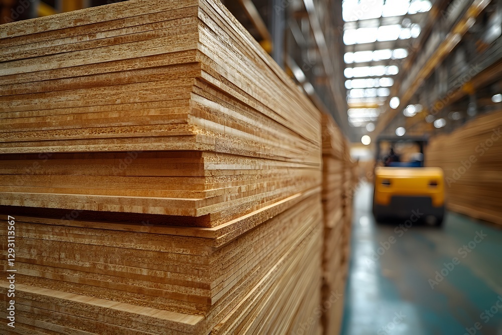 Fototapeta premium Industrial Plywood Stacks in Warehouse with Forklift for Construction Supply and Manufacturing