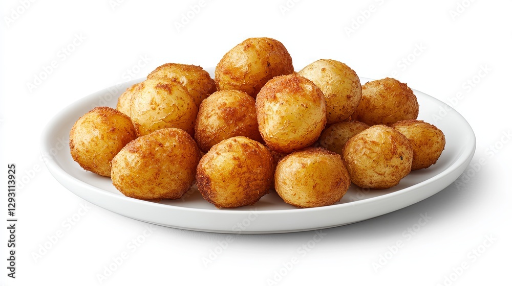 A clean photo of golden roasted potatoes styled on a white ceramic plate. background A clean photo of golden roasted potatoes styled on a white ceramic plate. background