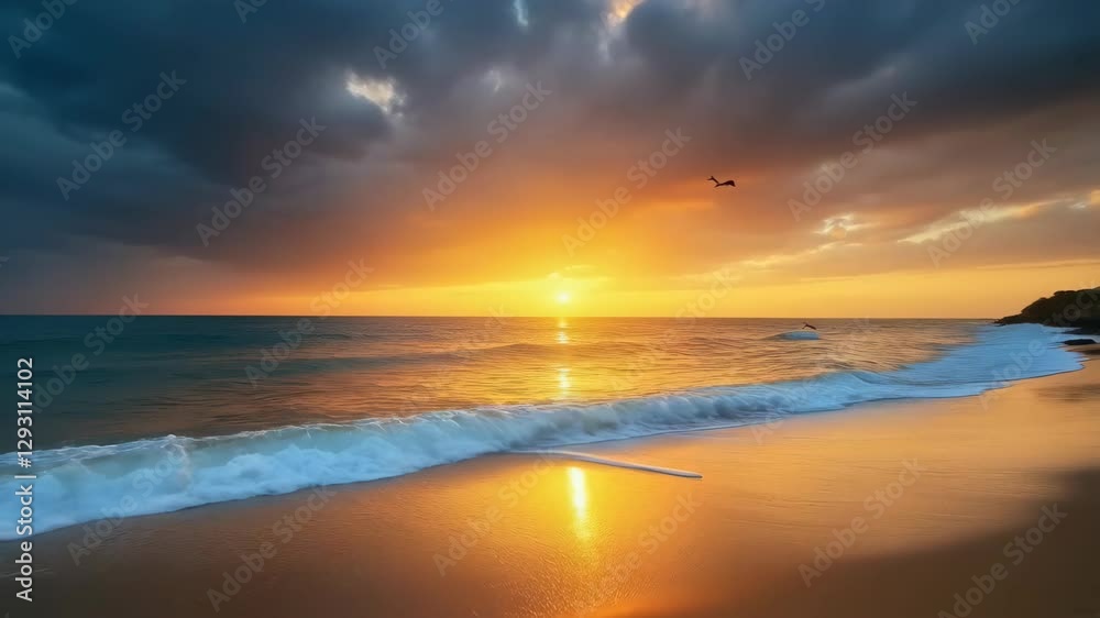 Landscape image of a serene beach scene at sunset, with a sandy shoreline in the foreground and gentle waves lapping against it