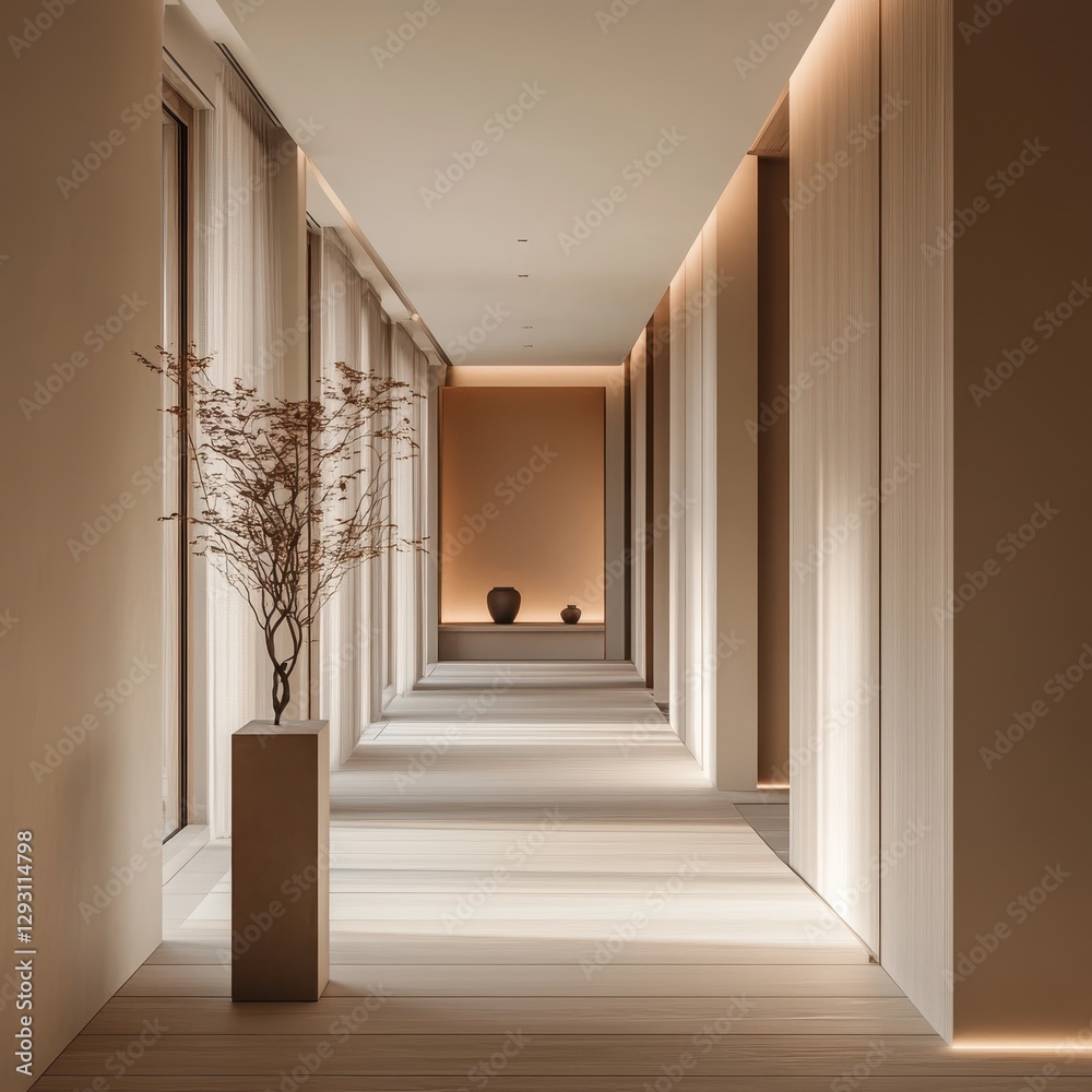 Fototapeta premium Neutral Colors and Interior Lighting of a Long Hallway