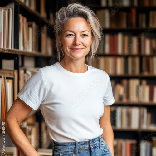 Pretty middle-aged woman in basic tee and jeans standing in library near book shelves. Women short sleeve white shirt mock up, blank template. Mom, mother, grandmother, grandma designs