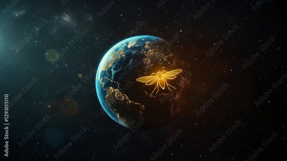 Obraz premium Planet Earth with a glowing mosquito silhouette on a dark space background with stars, illustrating global interconnectedness and environmental awareness.