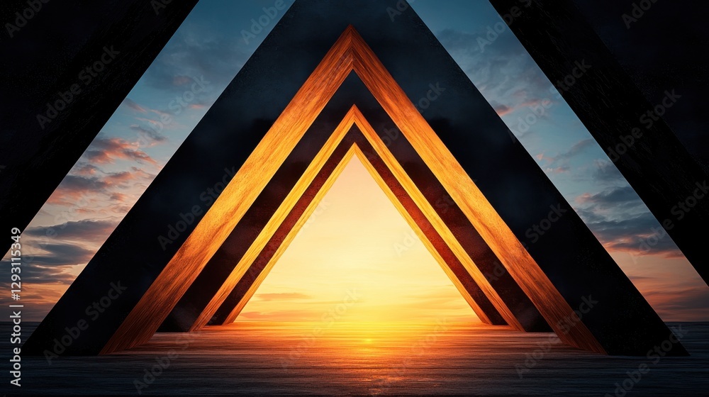 Fototapeta premium An abstract sunset view framed by geometric triangular shapes, creating a striking contrast between light and dark elements.