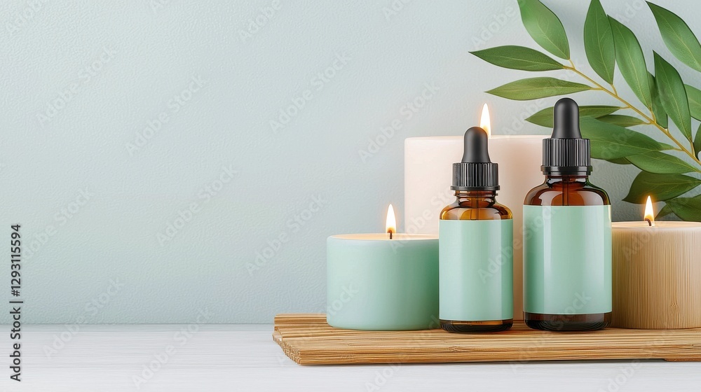 A serene arrangement of essential oil bottles and candles on a wooden tray, complemented by green leaves and a soft background. A serene arrangement of essential oil bottles and candles on a wooden tray, complemented by green leaves and a soft background.