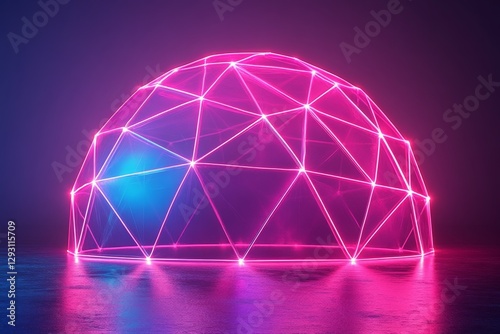 Bright glowing dome structure illuminated with pink and blue lights creates a vibrant atmosphere in a dark setting photo