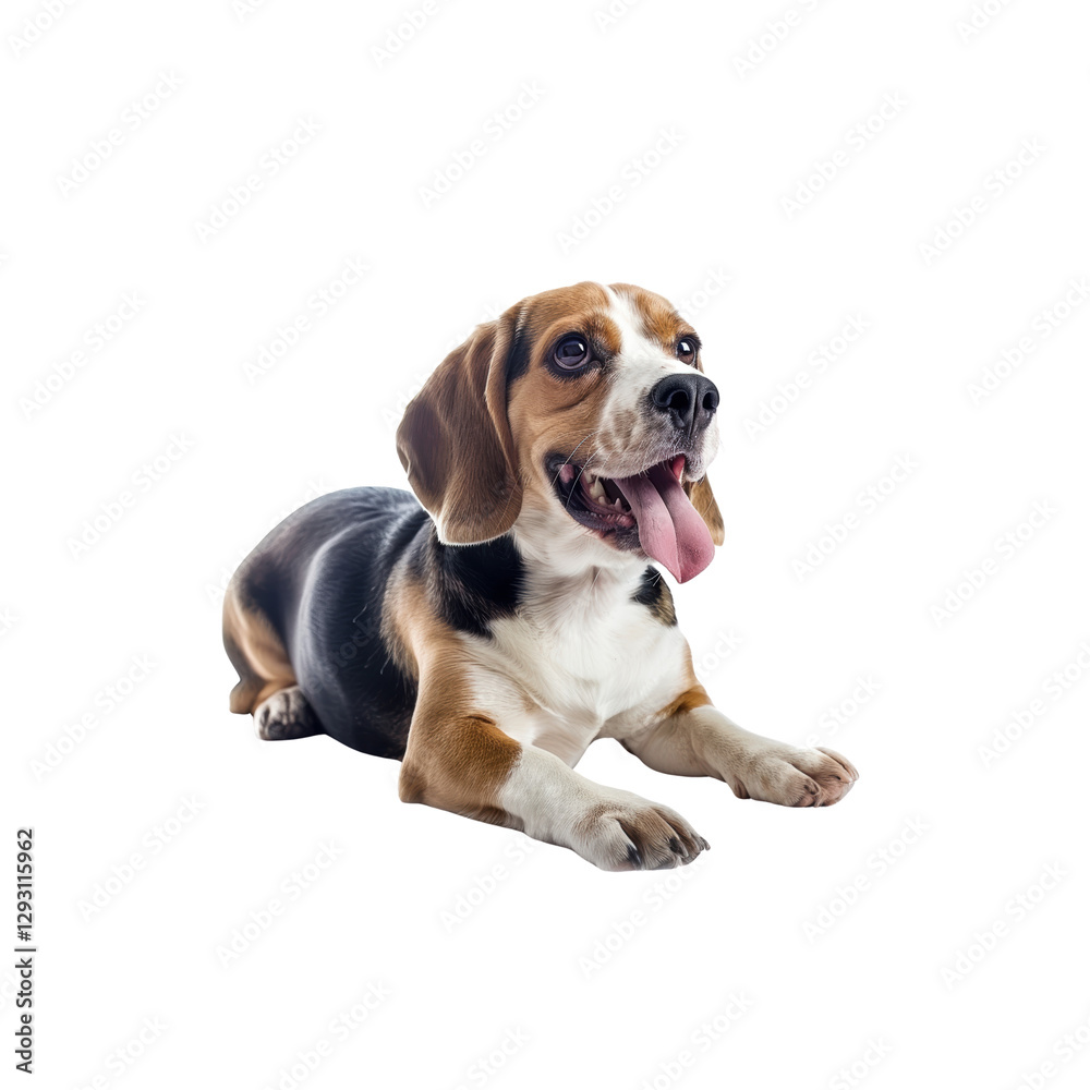 Happy Beagle Dog Lying Down with a Friendly Expression and Tongue Out Happy Beagle Dog Lying Down with a Friendly Expression and Tongue Out