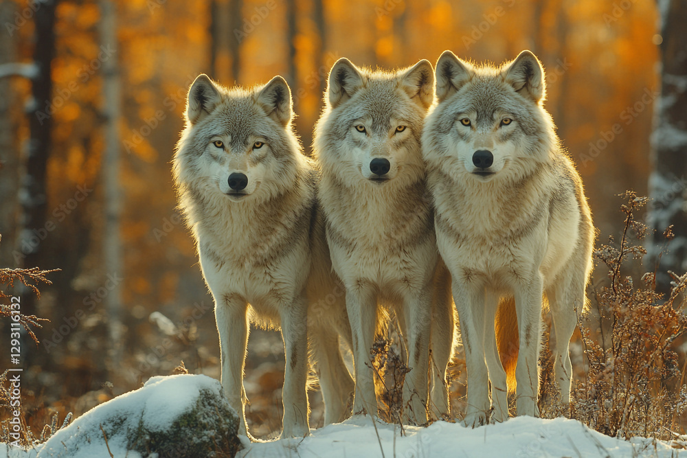 Obraz premium Three Wolves Gaze Intently in a Golden Winter Forest Landscape